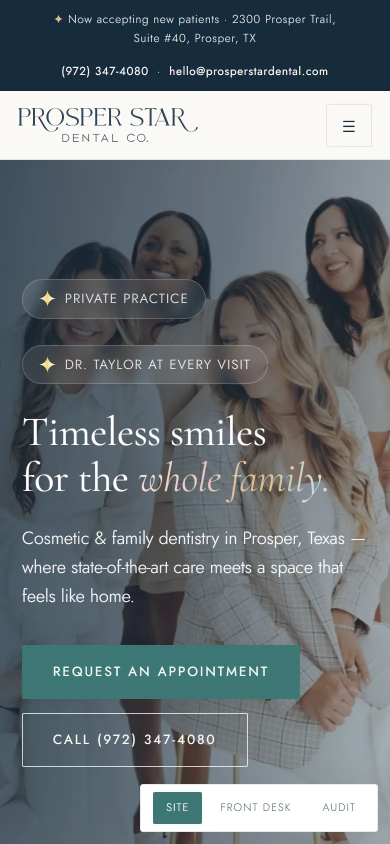 Dental practice concept: home page on a phone