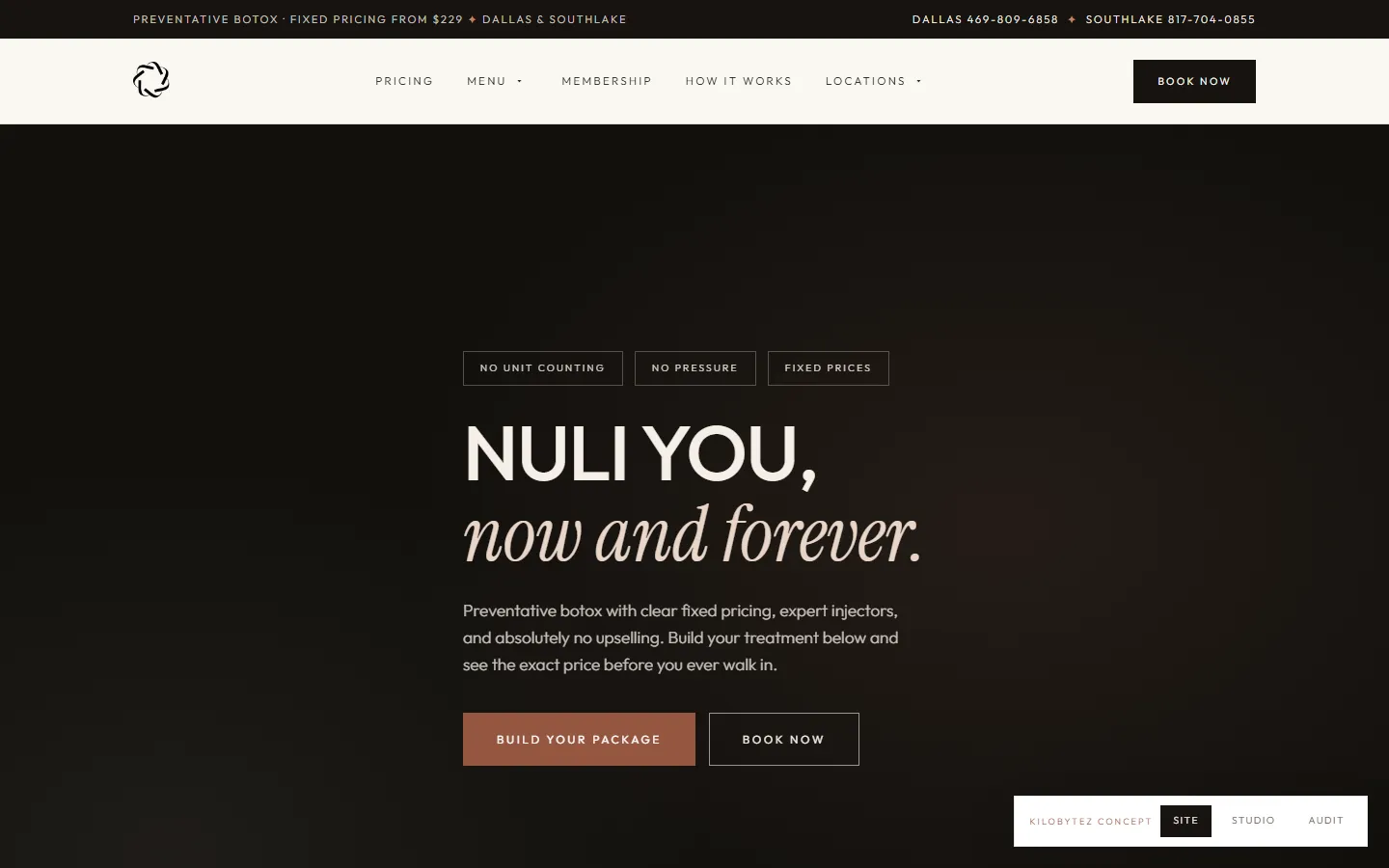 Med spa concept: home page on a desktop screen