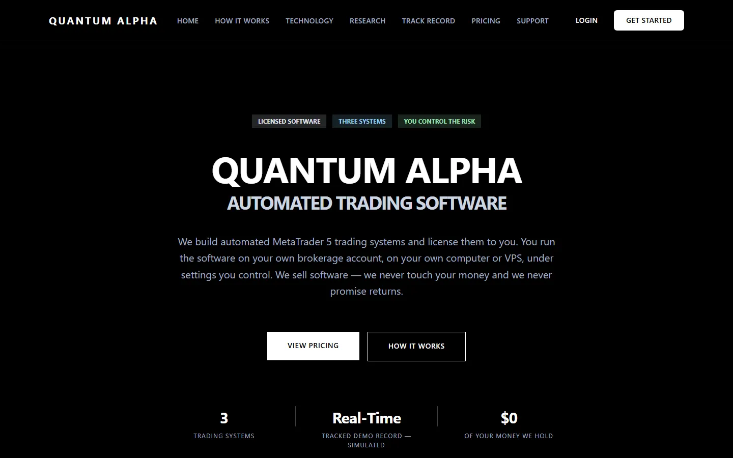 Quantum Alpha: home page on a desktop screen