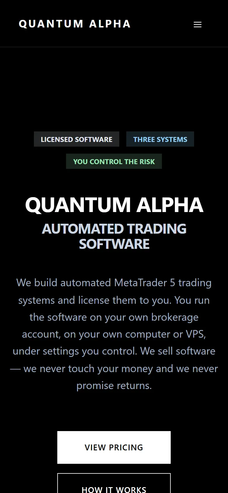 Quantum Alpha: home page on a phone